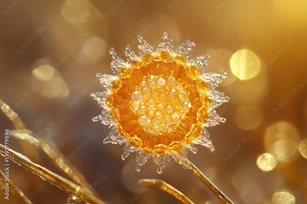 Poster A macro shot of a golden, spiky sphere with translucent orbs inside, set against a blurred, bokeh-filled golden background.