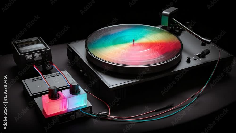 Poster spinning turntable with colorful vinyl creating a vibrant display generative ai