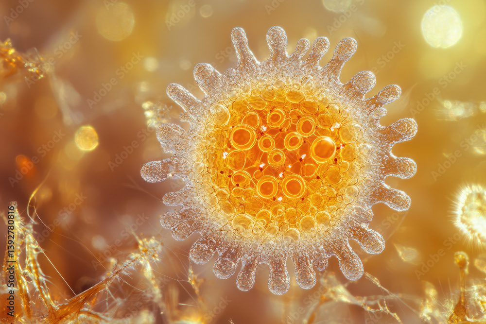 Poster Microscopic view of a virus with detailed structure, showing the components and the surrounding environment.