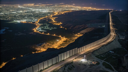 Aerial view of border wall illuminated night, separating two countries with contrasting city lights one side and darker, less developed area other