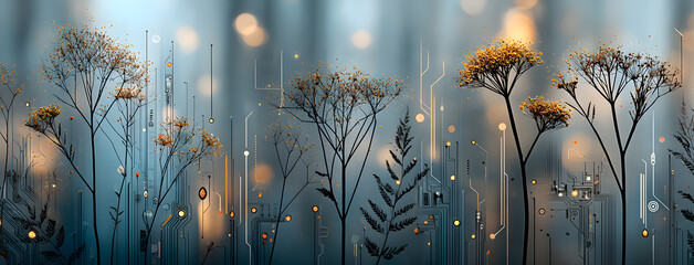 Magical Forest at Night . Glowing Plants and Blue Fantasy Landscape. Futuristic Cyberpunk Background.