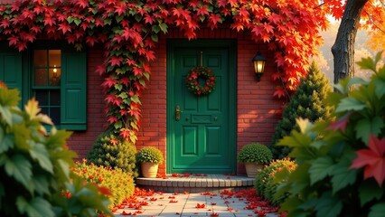 Fototapeta premium Autumnal Brick Home Entrance with Green Door and Red Vines