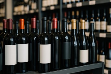 Assortment of Wine Bottles Lined Up on Shelf, perfect for restaurants or wineries with blank labels to add your brand.