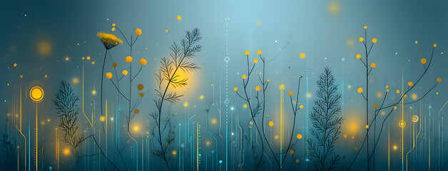 Magical Forest at Night . Glowing Plants and Blue Fantasy Landscape. Futuristic Cyberpunk Background.