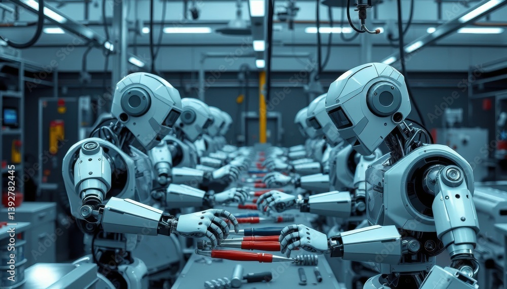 Poster automated assembly line futuristic robots collaborate on precision manufacturing