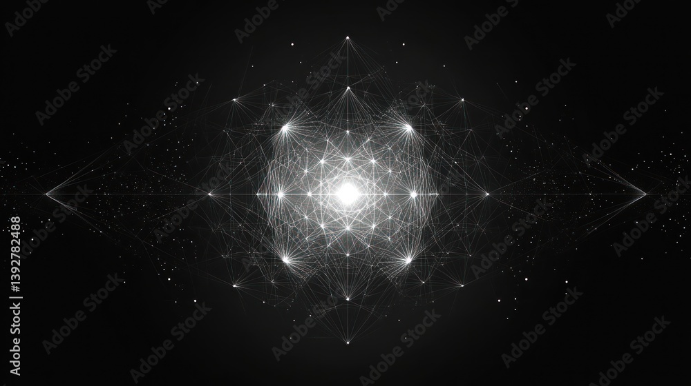 Poster abstract glowing geometric structure in dark space.