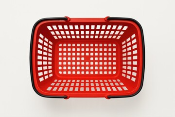 Minimalist Red Shopping Basket, Top View A simple, clean image of an empty red plastic shopping basket against a white background.