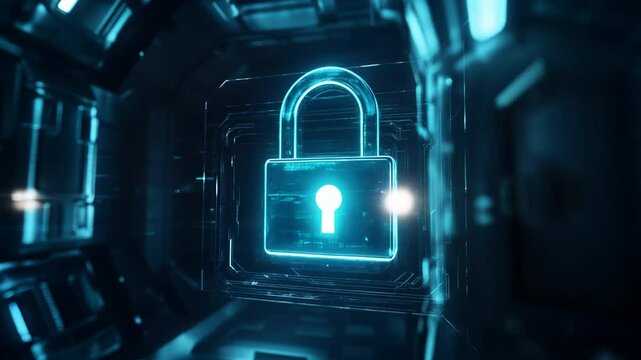 Candado digital en entorno cibern&eacute;tico futurista &ndash; Animaci&oacute;n de ciberseguridad y protecci&oacute;n de datos