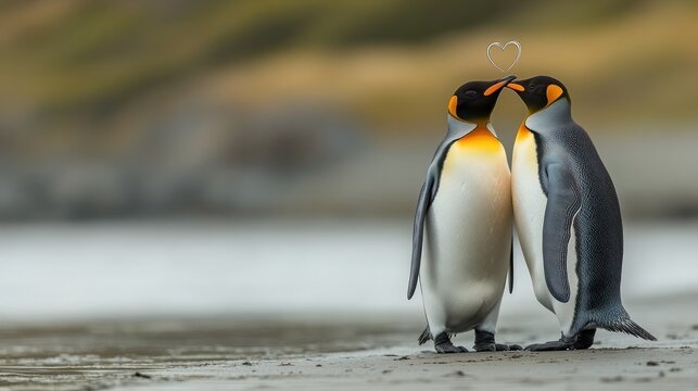 Two king penguins showing affection, heart-shaped steam above.
