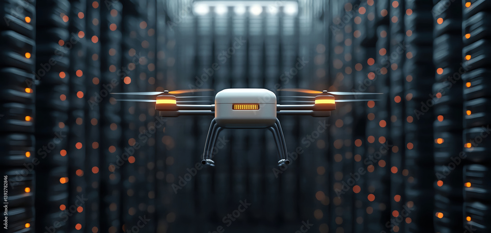 Poster high tech drone hovers data center, surrounded by rows of servers, showcasing its advanced design and functionality. atmosphere is futuristic