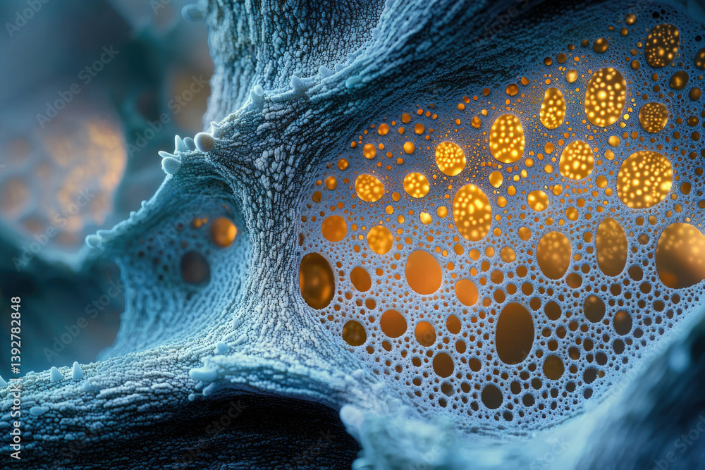 Poster intricate structure with a blue, textured exterior and golden, glowing interiors, revealing complex 