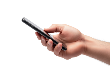 Close-up of a hand holding a black smartphone against a transparent background.