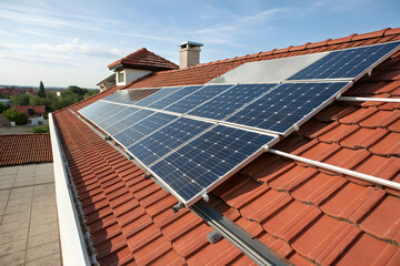 Solar panels installed on a red tile roof, angled to show dark blue cells and silver frames in sunlight