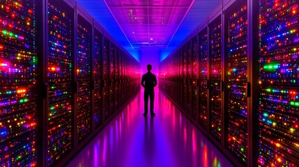 Obraz premium A Silhouette of a Technician in a Vibrant Data Center