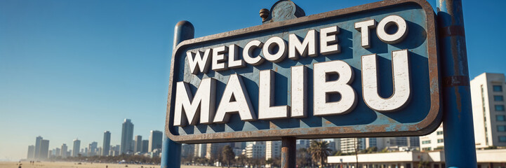 Sign saying Welcome to Malibu, with the city in the background

