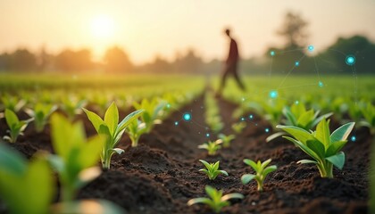 Smart agriculture field with sensors monitoring soil health and crop growth. Man walks across the farm at sunset. Agriculture tech, innovation, digital dashboard, eco-friendly farming.