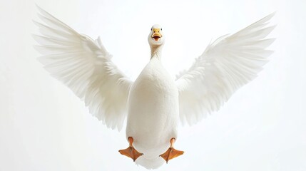 Obraz premium Duck leaps joyfully into the air with wings outstretched in a whimsical moment captured in bright white surroundings