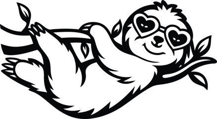 Funny and cartoon sloth lounging on a branch modern vector illustration, sloth lounging on a branch, wearing heart shaped sunglasses silhouette and line art vector