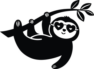 Funny and cartoon sloth lounging on a branch modern vector illustration, sloth lounging on a branch, wearing heart shaped sunglasses silhouette and line art vector