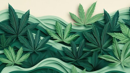 A stylized paper-cut illustration featuring various green cannabis leaves arranged in flowing waves of layered paper.