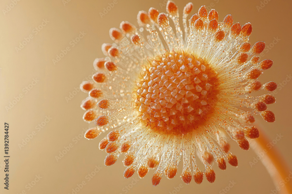 Poster a close-up shot of a unique orange flower with dew drops highlighting its intricate petal structure 