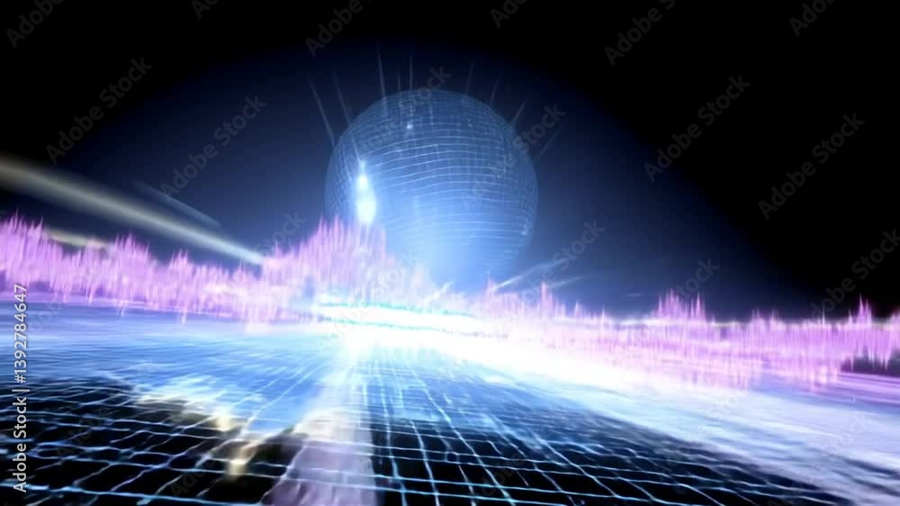 Poster futuristic disco ball with sound waves creating a vibrant atmosphere generative ai
