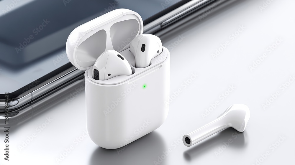 Poster a sleek pair of wireless earbuds in a compact charging case, resting on a reflective surface, showca