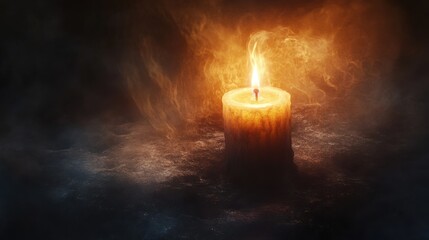 A lit candle with a soft flame flickering in a dark room, symbolizing hope and peace. The light gently illuminating the surrounding darkness. Isolated on a white background.
