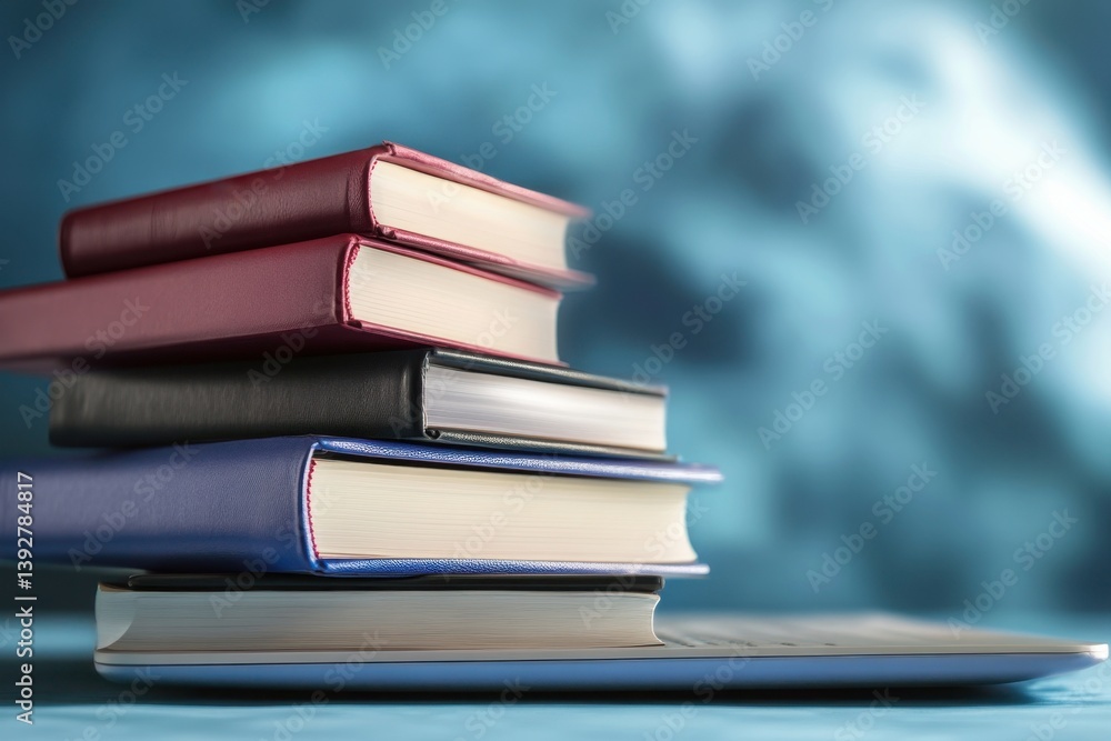Poster stack of colorful books on a blurred blue background creating a serene study atmosphere