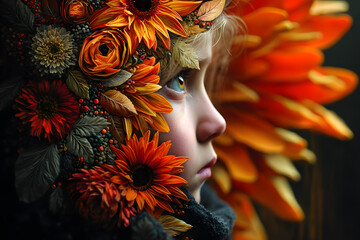 Peaceful Girl Surrounded by Vibrant Autumn Flowers – Artistic Floral Portrait in Warm Tones.