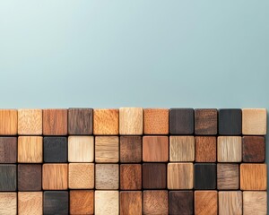 Geometric wooden blocks arranged in a staggered formation, adding depth and warmth to an interior