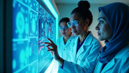 Three young diverse female medical researchers or scientists, women examining data displayed on digital screen in modern laboratory, collaborating to analyze complex information