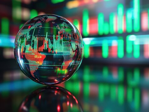 A glass globe with stock market charts inside, representing the global loss of confidence in the financial system Generative AI