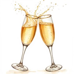 Watercolor illustration featuring two champagne glasses. Cheers, bubbles, splash, feeling of celebration. Perfect for festive occasions, New Year Eve, parties, or romantic events. White background.