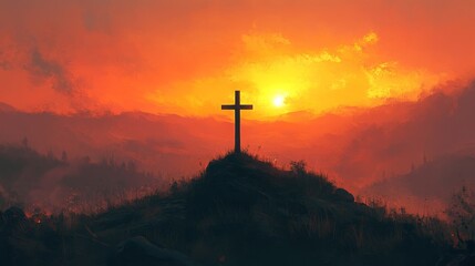 Fototapeta premium A Silhouette Cross Stands Tall Against a Fiery Sunset, Symbolizing Faith, Hope, and the Resurrection, a Beacon of Easter Joy Amidst the Dawn's Promise.