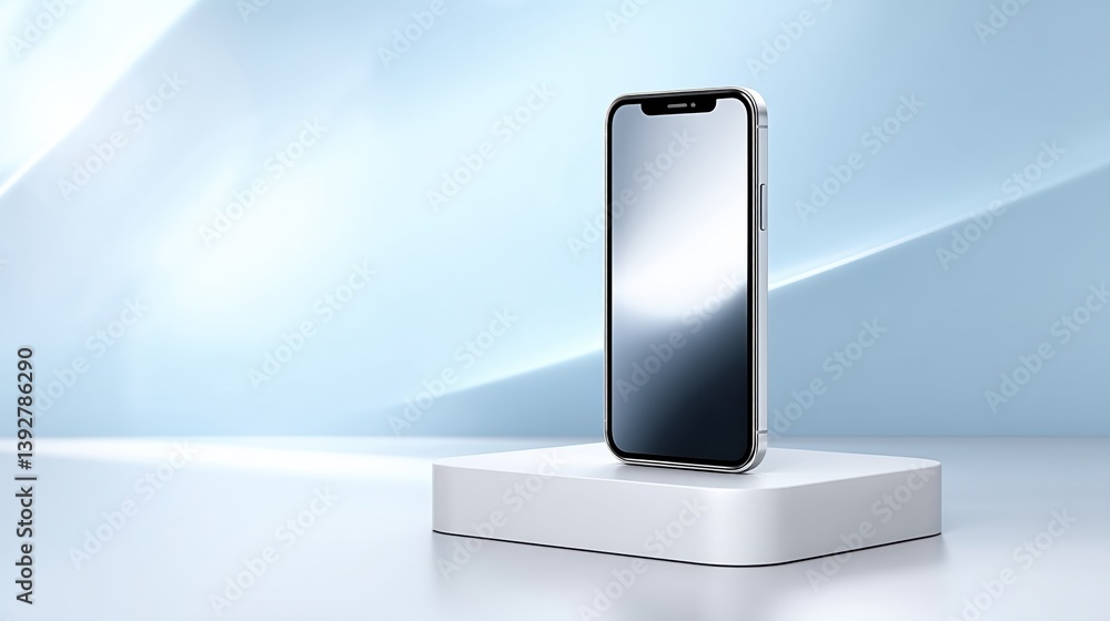 Poster a sleek smartphone is displayed on a minimalistic charging dock against a soft blue background, emph