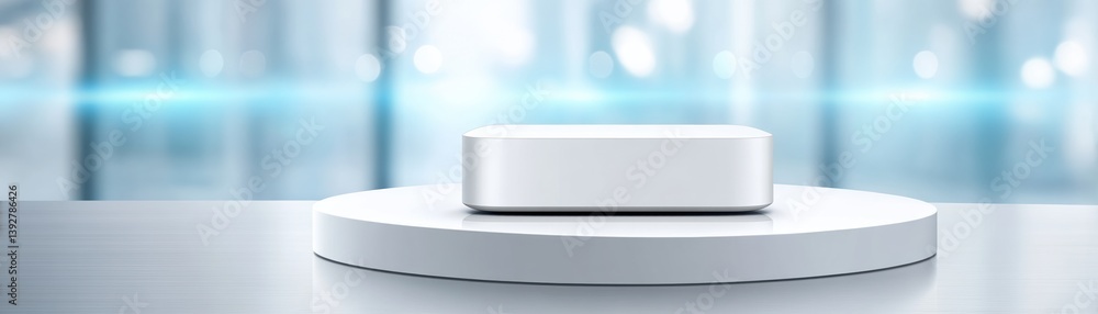 Poster a sleek, modern white device is centered on a circular platform, set against a soft-focus background