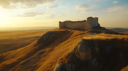 Obraz premium Ancient ruins stand atop a grassy hill, bathed in the golden light of sunset. The crumbling stone walls evoke a sense of history and timelessness. Rolling hills in the distance.