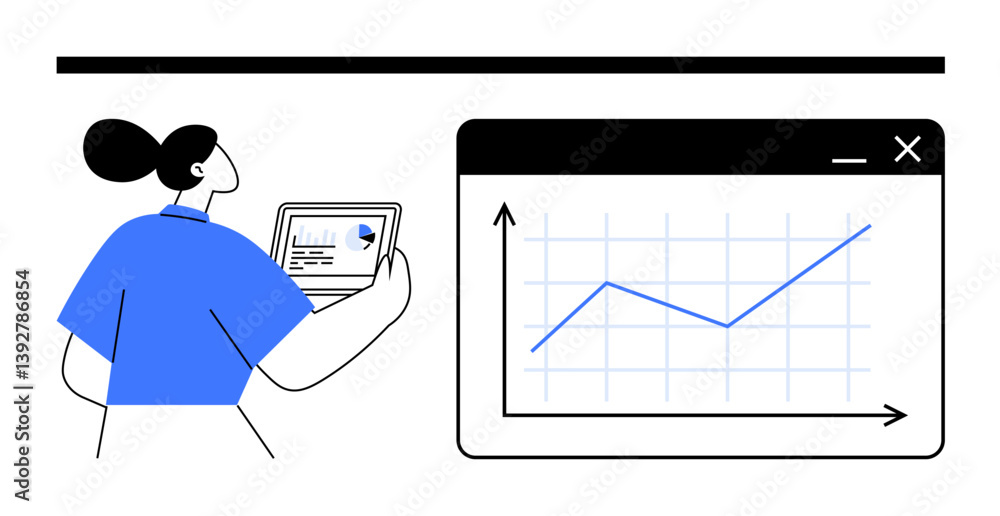 Poster woman holding tablet reviewing digital chart data beside a window displaying rising line graph. idea
