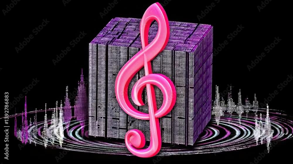 Poster treble clef spins in cube on digital background generative ai