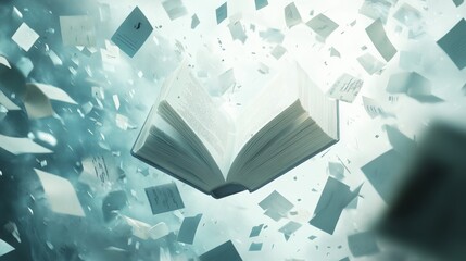 A magical fantasy design on the open book. Open book isolated on white background. Letters rising from the book open the door to an epic adventure. Reading a book as if in a dream. Photo manipulation.
