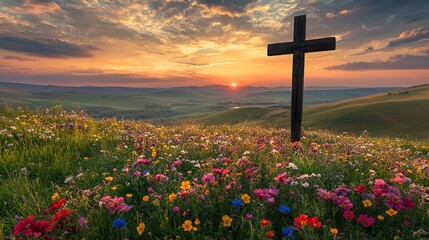Christian cross on hill with flowers at sunset faith hope love religion spirituality god jesus christ 100