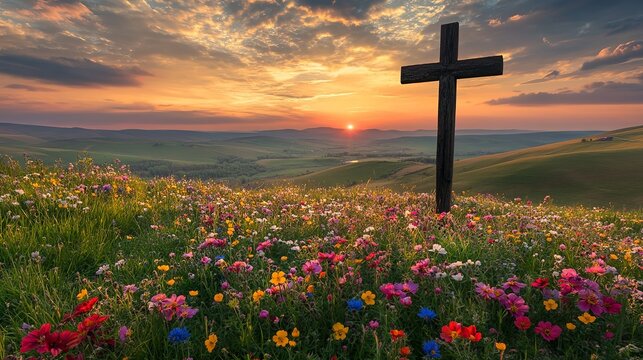 Christian cross on hill with flowers at sunset faith hope love religion spirituality god jesus christ 100