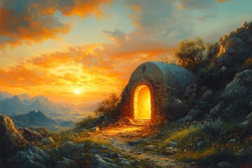 Golden Hope: The Empty Tomb at Sunrise, a Symbol of Resurrection and New Beginnings, Illuminating the Path to Salvation and Everlasting Peace.