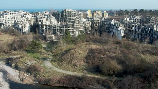 Aerial view of abandoned buildings in Tsarevo, Bulgaria. 4k 50 fps video.