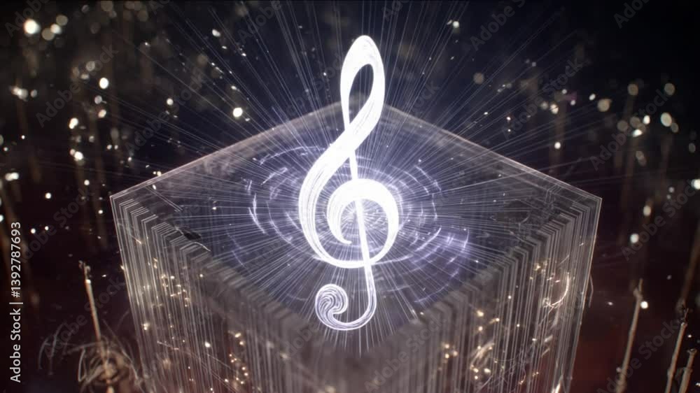 Poster spinning treble clef inside a floating cube with glowing effects generative ai