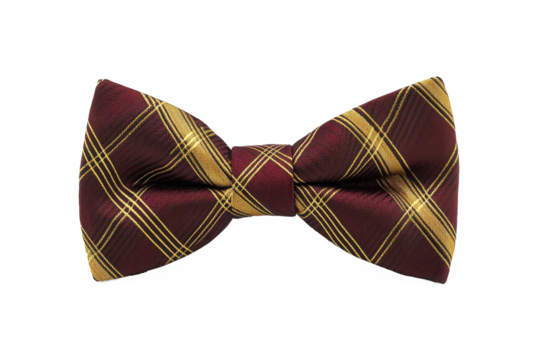 Plaid silk bow tie with burgundy and gold diagonal stripes in tartan pattern, isolated on white background