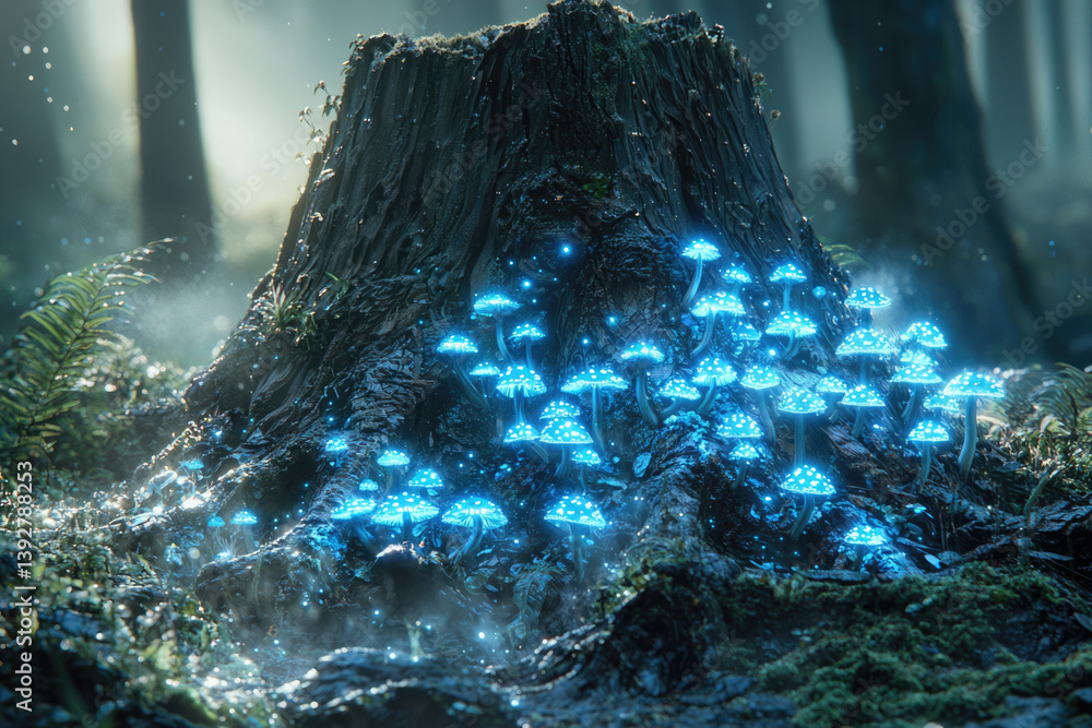 Poster enchanted forest scene featuring a tree stump adorned with glowing blue mushrooms and ethereal light