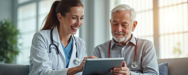 Smiling female doctor senior patient review therapy options tablet modern healthcare setting. They discuss diagnosis treatment wellness. Patient-centered care tech medicine.