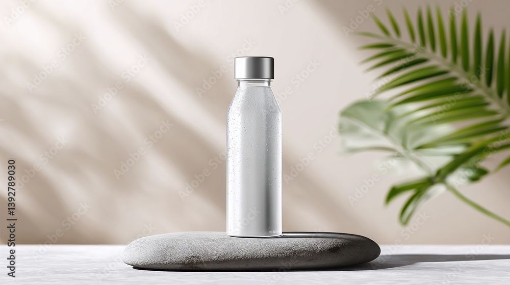 Poster a sleek water bottle resting on a smooth stone, surrounded by soft shadows and a green palm leaf, cr